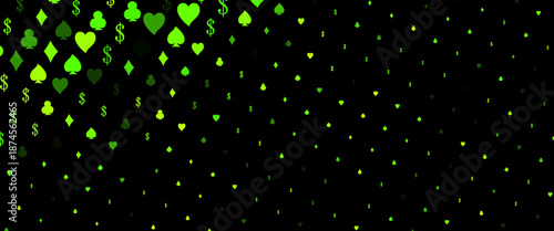 Dark Green vector pattern with symbol of cards. Shining illustration with hearts, spades, clubs, diamonds. Pattern for ads of parties, events in Vegas.
