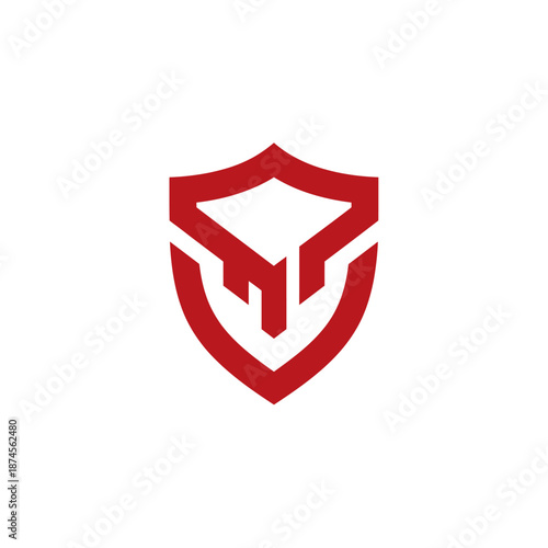 A red shield emblem featuring a logo brand mark viewed from directly above on a white background