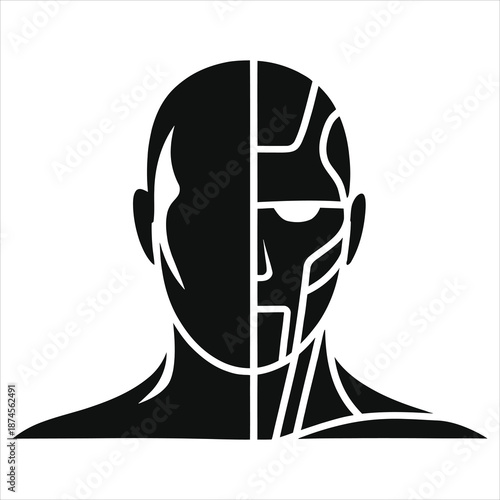 Artificial Intelligence vector concept. Split face silhouette of human and robot cyborg. Futuristic technology, mind vs machine duality symbol. Icon of AI evolution and digital transformation