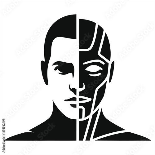 AI split face vector illustration of human and robot hybrid head, futuristic cybernetic profile silhouette, man vs machine concept, minimal black and white technology design for innovation, AI systems
