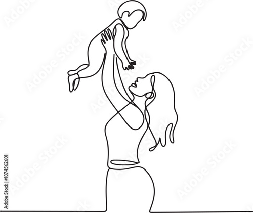 Continuous line art of a mother joyfully holding her baby in the air, symbolizing the bond and love between them