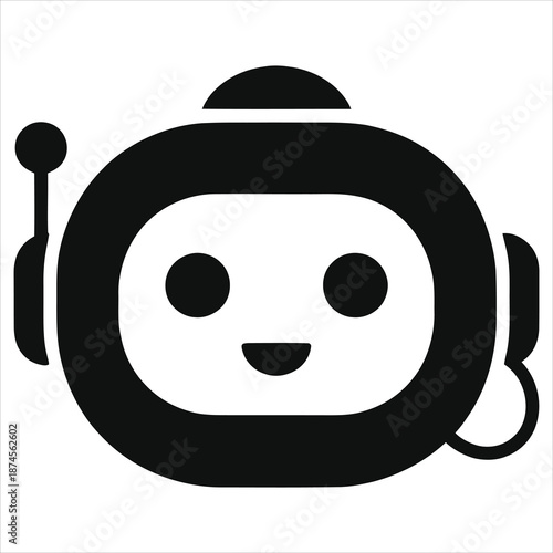 AI assistant robot icon vector illustration. Artificial intelligence chatbot head with headset and microphone. Customer service support agent symbol. Virtual bot face silhouette logo design element.