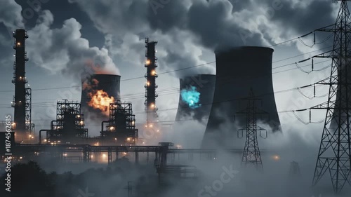 Industrial factory with smoking chimneys and power lines. Environmental pollution and heavy industry concept.