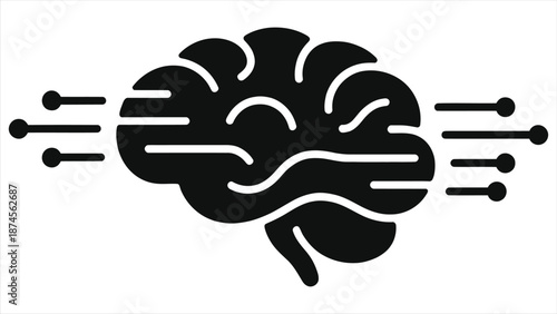 Artificial Intelligence Brain Silhouette Vector Icon. Black and White Neural Network Symbol with Data Flow Lines. Machine Learning, Cyber Mind, and Future Technology Concept Illustration.