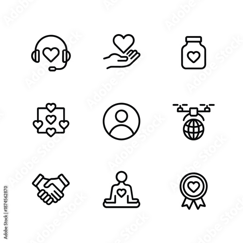 Collection of various line icons depicting support love and connection