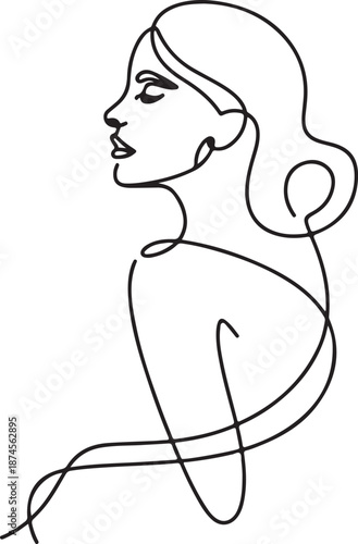 Elegant minimalist continuous line art portrait of a beautiful woman's profile, showcasing graceful curves and a serene expression through modern design