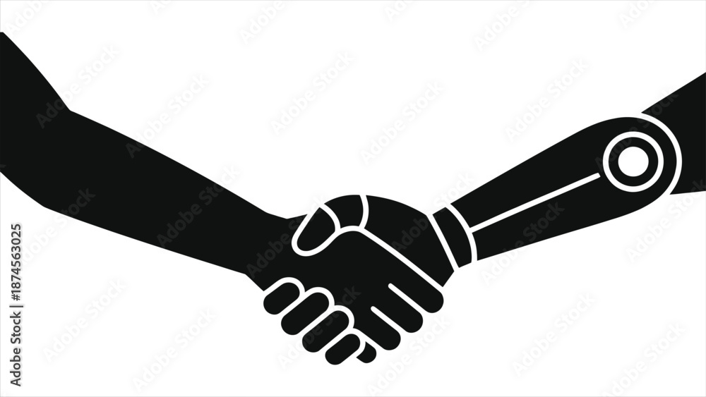 Fototapeta premium Vector Illustration of Human and Robot Handshake Symbolizing Artificial Intelligence Collaboration, Future Technology Partnership, Innovation in Robotics and Human-Machine Interaction