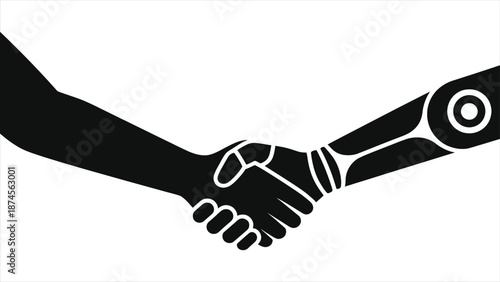 Human and Robot Handshake Vector Illustration – Artificial Intelligence Collaboration, Human Machine Partnership, Futuristic Business Agreement, Technology Cooperation, Man and Cyborg Shaking Hands 