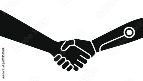 Human and Robot Handshake Glyph Vector Icon, Artificial Intelligence Partnership - Monochrome Black Flat Design Illustration of Human AI Collaboration, Trusted Automation Alliance