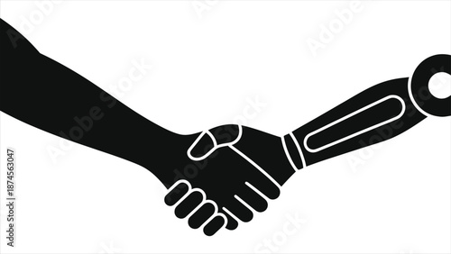 Human and Robot Handshake Glyph Vector Icon, Artificial Intelligence AI Partnership Illustration. Minimal Black Flat Silhouette of Man and Robotic Arm Shaking Hands, Trustful Collaboration