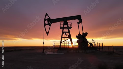 Oil pump jack silhouette at sunset in a desert landscape. Petroleum industry extraction equipment at dusk. Power business.