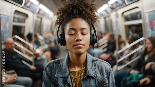 A woman is wearing headphones and listening to music on the train.