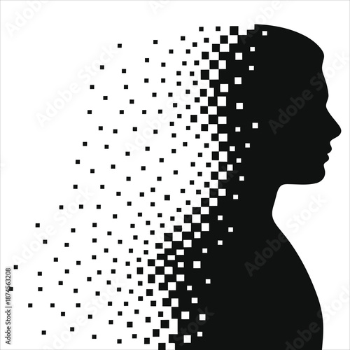 Artificial Intelligence concept vector. Human head silhouette dissolving into digital pixels. Mind uploading, data processing and future technology symbol. Black and white abstract tech illustration.