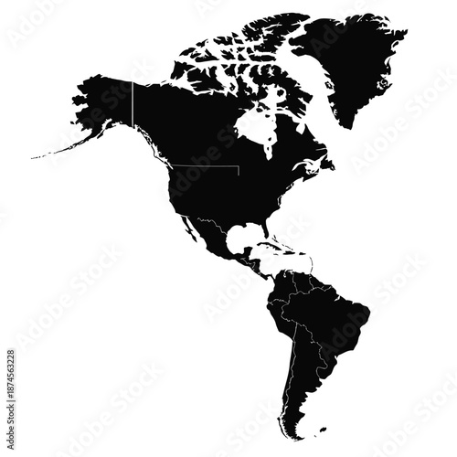 A black and white outline displaying the continents of north and south america