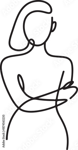 Minimalist Single Line Drawing of a Woman with Arms Crossed, Elegant Abstract Portrait