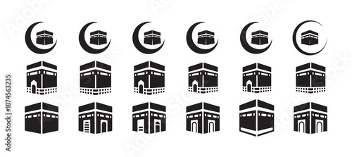 Kaaba Icon Set. Islamic Religious Symbols in Flat and Outline Style vector, Islamic Kaaba Landmark Icon, Muslim Holy Kaaba, Hajj and Umrah. vector illustration eps 10