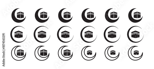 Kaaba Icon Set. Islamic Religious Symbols in Flat and Outline Style vector, Islamic Kaaba Landmark Icon, Muslim Holy Kaaba, Hajj and Umrah. vector illustration eps 10