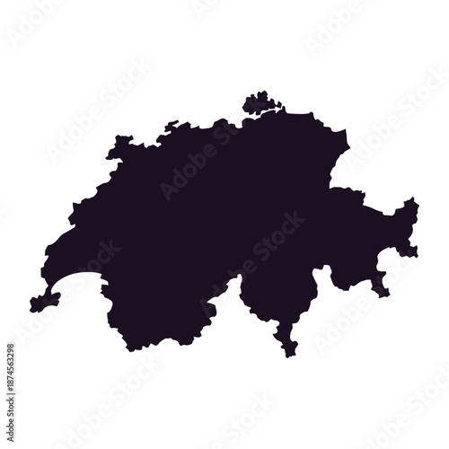 A dark silhouette of switzerland s landmass against a plain white background