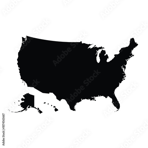 A solid black silhouette depicting the contiguous united states and alaska