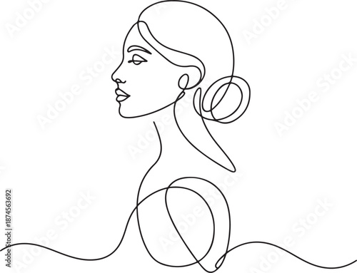 Minimalist line art illustration of a woman's profile, elegant and simple beauty