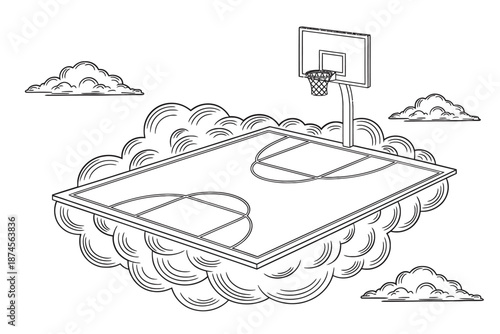 A whimsical basketball court floating among the clouds in a line art style