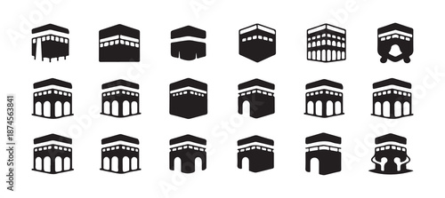 Kaaba Icon Set. Islamic Religious Symbols, Islamic Kaaba Collection in Black Flat Style, Muslim Holy Kaaba Landmark Icons, Hajj and Umrah. vector illustration eps 10