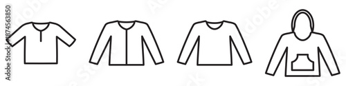 Longsleeve line icon set isolated on transparent background. Includes longsleeve, hoodie, cardigan and pullover. Symbols of casual clothing and everyday wear. Editable stroke.