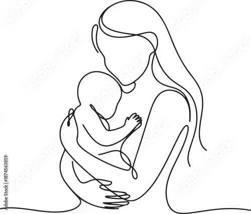 Continuous line drawing of mother holding a baby in her arms symbolizing love and care
