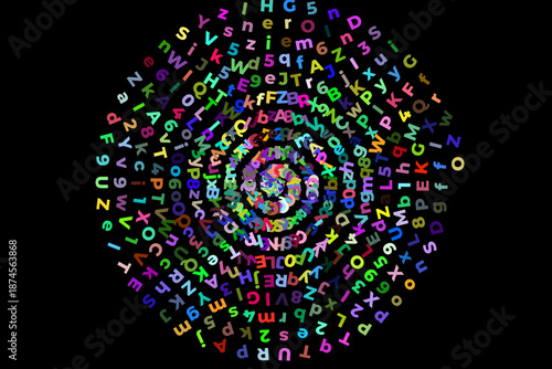 colorful spiral typography text pattern on black background