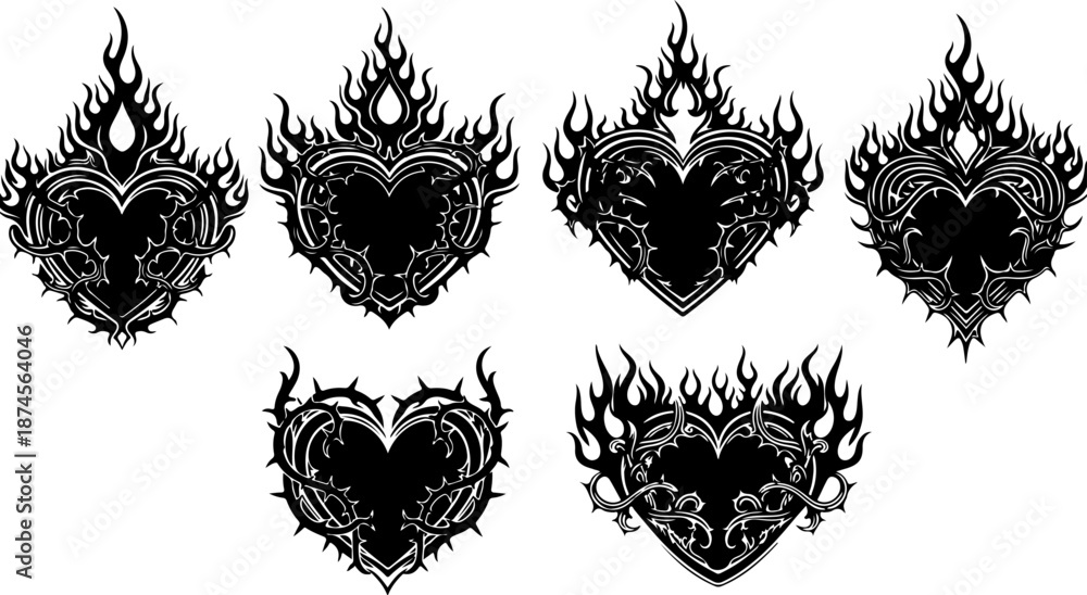 Fototapeta premium Flaming Heart Tattoo Design Set