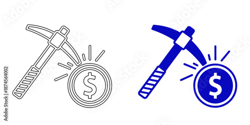 Crypto Mining Icon with Pickaxe and Dollar Coin, Digital Currency Mining Concept