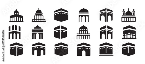 Kaaba Icon Set. Islamic Religious Symbols, Islamic Kaaba Collection in Black Flat Style, Muslim Holy Kaaba Landmark Icons, Hajj and Umrah. vector illustration eps 10