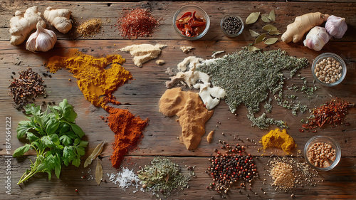 A wide variety of spices spicy, pepper, salt, garlic are arranged in a shape map, like a world map.