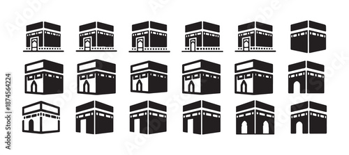 Kaaba Icon Set. Islamic Religious Symbols, Islamic Kaaba Collection in Black Flat Style, Muslim Holy Kaaba Landmark Icons, Hajj and Umrah. vector illustration eps 10