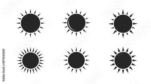 Six black sun icons with rays ideal for design projects on transparent background silhouette