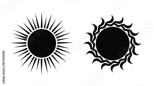 Two black sun designs with different rays on transparent background silhouette