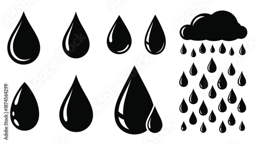 Black water droplets and a cloud with rain a weather silhouette on transparent background