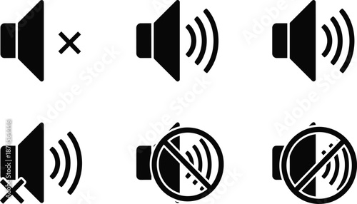 Comprehensive Set of Audio Volume and Sound Control Icons Featuring Mute Low and High-Frequency Speaker Graphics.