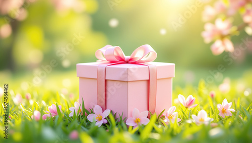 Pastel pink gift box with ribbon surrounded by small spring flowers in soft sunlight in romantic celebration style in pink and green colors representing birthday anniversary holiday surprise present