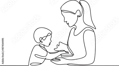 One continuous line art drawing of a loving mother and child depicting their special connection, communication, and parental love