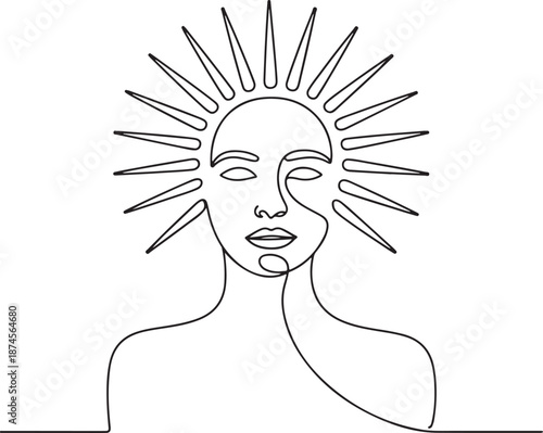 Abstract Line Art of a Woman's Face with Sunburst Halo Minimalist Elegance