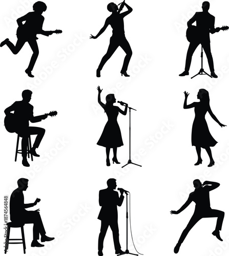 Music performer silhouettes, singers and guitarists performing live, concert stage poses set, isolated black figures on white background