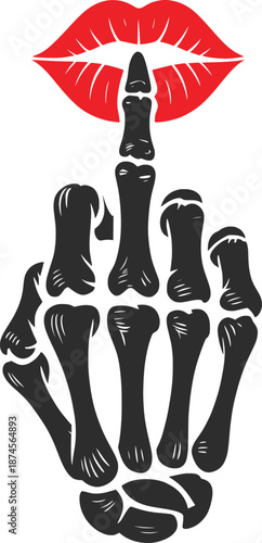 Skeleton Middle Finger with Lips Line Art Illustration.