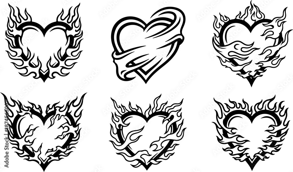 Obraz premium Tribal Flaming Heart Tattoo Design Set