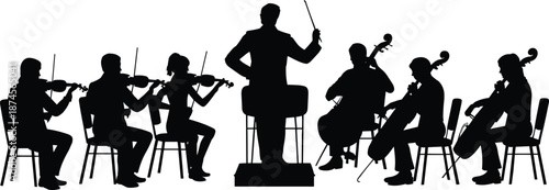 Orchestra silhouette performance, classical musicians with conductor, symphony string ensemble concert isolated on white background
