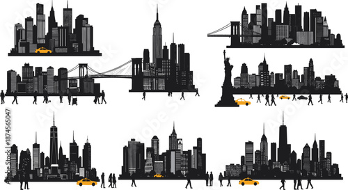 New York City skyline vector illustration with Statue of Liberty, Empire State Building, Brooklyn Bridge, skyscrapers, yellow taxi, urban landscape