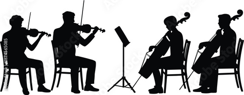Classical string quartet silhouette, violin and cello musicians rehearsing, chamber music performance with sheet stand isolated on background