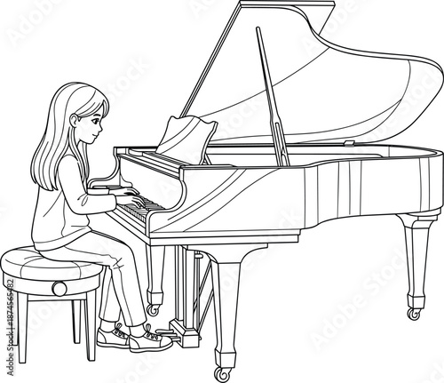 Person playing grand piano, line drawing, black and white, music practice, seated figure, open lid, long hair, 