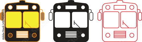 Front view of classic bus icon set in three distinct design styles