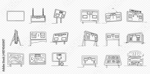Set of hand-drawn doodle style icons depicting various sport scoreboards and digital displays for games and competitions.
